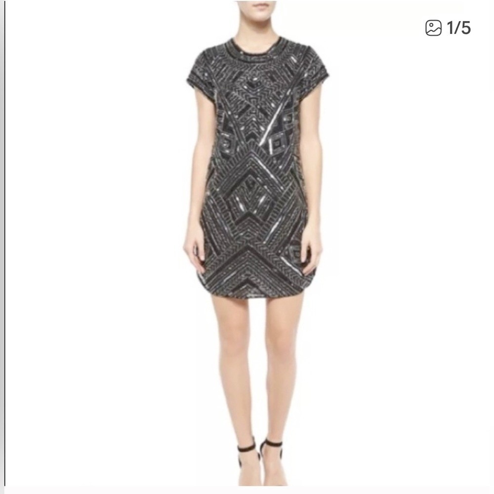 Parker Black Beaded Sequin Geometric Mini Dress Short Sleeve Art Deco Size M
